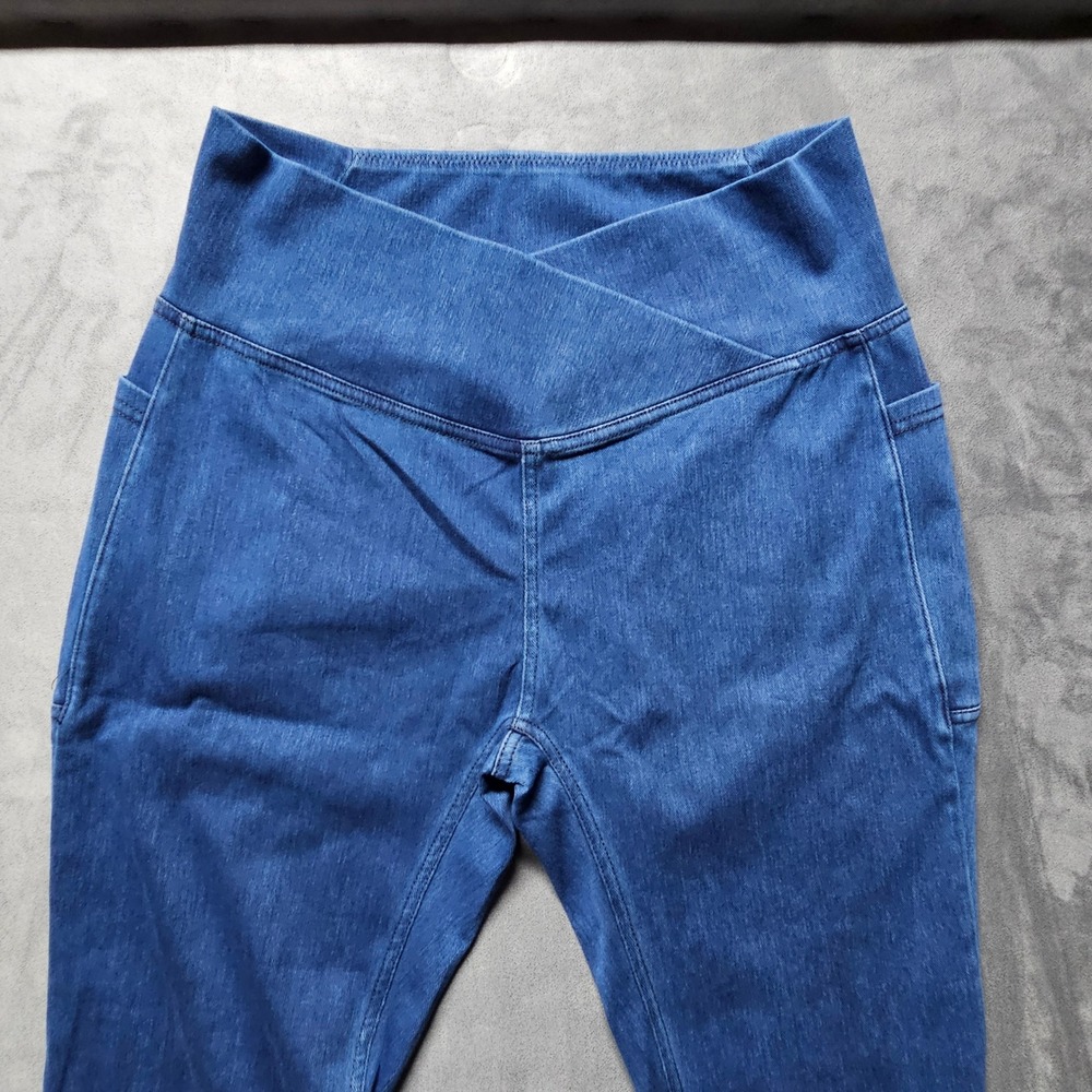 Halara Crossover High Waisted Denim Leggings Blue 7/8 Length Side Pockets L NEW
